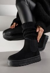 Czarne Śniegowce na Grubej Podeszwie w Stylu Sztybletów Avrenna. Czarne śniegowce i trapery damskie Born2be, z jeansu. Za 89.99 zł.