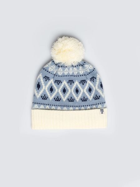 Czapka zimowa z pomponem śmietankowo-błękitna Igory 000. Niebieskie czapki i kapelusze damskie Big Star, na zimę, bez wzorów, z dzianiny, retro. Za 99.99 zł.