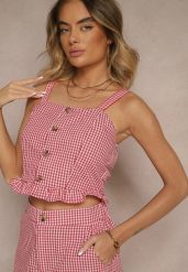 Czerwona Bluzka Top w Kratę z Guzikami i Falbanką Falionna. Czerwone bluzki damskie Renee, na lato, l, bez wzorów, z jeansu, eleganckie, bez kołnierzyka, bez ramiączek. Za 39.99 zł.