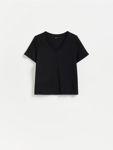 Bawełniany t-shirt - czarny. Czarne t-shirty damskie Reserved, l, bez wzorów, z bawełny, bez kołnierzyka. Za 59.99 zł.