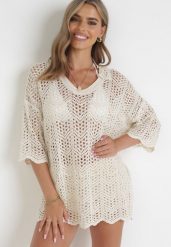 Beżowa Szydełkowa Tunika Narzutka Bawełniana Leanis. Brązowe bluzki damskie Born2be, bez wzorów, z bawełny, bez kołnierzyka, bez ramiączek. Za 139.99 zł.