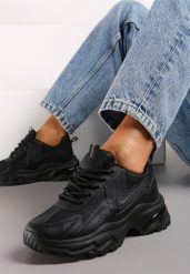 Czarne Sznurowane Sneakersy na Grubej Podeszwie z Przeszyciami Vleni. Czarne obuwie sportowe damskie Born2be, bez wzorów. Za 99.99 zł.