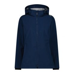 Kurtka turystyczna damska z kapturem i zamkiem CMP. Niebieskie kurtki sportowe damskie CMP, bez wzorów, z softshellu, z kapturem, trekkingowe. Za 389.00 zł.
