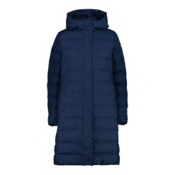 Kurtka puchowa z kapturem dla kobiet CMP. Niebieskie kurtki damskie CMP, bez wzorów, z puchu, z kapturem, trekkingowe. W wyprzedaży za 393.00 zł.