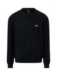 BOSS Green sweter z zawartością merynosów - Momentum Mężczyźni Sztuczne włókno niebieski, L. Niebieskie swetry przez głowę męskie BOSS GREEN, l, bez wzorów, prążkowane, bez kołnierzyka. Za 629.95 zł.