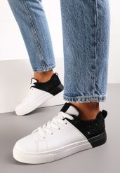 Biało-Czarne Sneakersy Sznurowane na Płaskiej Grubszej Podeszwie z Cyrkoniami Hanuel. Białe obuwie sportowe damskie Renee, bez wzorów. Za 49.99 zł.