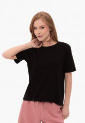 Gładka koszulka, Comfort Fit, T-LENI. Czarne t-shirty damskie Volcano, m, bez wzorów, z bawełny, klasyczne, bez kołnierzyka. Za 74.99 zł.
