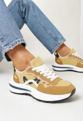 Ciemnobeżowe Sznurowane Sneakersy na Grubej Podeszwie z Przeszyciami Hanoa. Brązowe obuwie sportowe damskie Born2be, bez wzorów. Za 49.99 zł.
