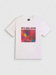 4F T-shirt regular z nadrukiem damski - biały M. Białe koszulki sportowe damskie 4f, m, bez wzorów, z bawełny, bez kołnierzyka, bez ramiączek. Za 69.99 zł.