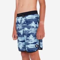 Spodenki surfingowe dla dzieci Olaian 500 View. Niebieskie szorty dla chłopców OLAIAN, bez wzorów, z materiału, sportowe. Za 59.99 zł.