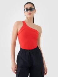4F Crop-top slim z asymetrycznym ramiączkiem damski - czerwony L. Czerwone koszulki sportowe damskie 4f, l, bez wzorów, z dzianiny, z asymetrycznym kołnierzem, bez ramiączek. W wyprzedaży za 19.99 zł.