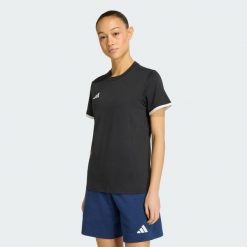Koszulka Entrada26. Czarne koszulki sportowe damskie Adidas, bez wzorów, z bawełny, bez kołnierzyka, bez ramiączek, do piłki nożnej. Za 76.99 zł.