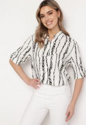 Biała Koszula z Bawełny i Wiskozy w Łańcuszkowy Wzór Zirenia. Białe bluzki damskie Born2be, l, bez wzorów, z bawełny, eleganckie, bez kołnierzyka, bez ramiączek. Za 44.99 zł.