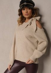 Beżowy Sweter z Ozdobnym Wiązaniem i Wycięciem na Ramieniu Eledi. Brązowe swetry damskie Renee, bez wzorów, casualowe, bez kołnierzyka, bez ramiączek, długie, bez kaptura. Za 119.99 zł.