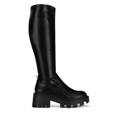 Kozaki DeeZee. Czarne kozaki damskie DeeZee, bez obcasa, na słupku. Za 249.99 zł.