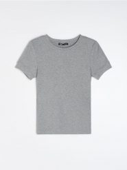 Jednolita koszulka z krótkim rękawem i domieszką modalu - szary. Szare t-shirty damskie Sinsay, l, bez wzorów, bez kołnierzyka. Za 19.99 zł.