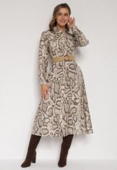 Beżowa Sukienka Koszulowa z Wiskozą Zdobiona Paskiem i Wzorem w Węża Delane. Brązowe sukienki damskie Born2be, do pracy, l, z aplikacjami, z materiału, biznesowe, bez kołnierzyka, bez ramiączek, midi, koszulowe. Za 129.99 zł.