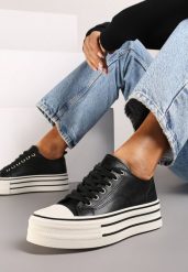 Czarne Streetwearowe Trampki Basic na Grubej Podeszwie w Paski Avirissa. Czarne trampki i tenisówki damskie Renee, bez wzorów, z jeansu, eleganckie, bez zapięcia. Za 79.99 zł.