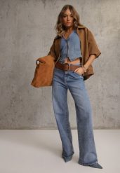 Niebieskie Jeansy Wide Leg High Waist z Bawełną i Dodatkiem Wiskozy Salithoe. Niebieskie jeansy damskie Renee, z podwyższonym stanem, plus size. Za 139.99 zł.