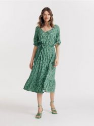 Wzorzysta sukienka z wiskozy - zielony. Zielone sukienki damskie Reserved, l, bez wzorów, z wiskozy, bez kołnierzyka, bez ramiączek, midi. W wyprzedaży za 59.99 zł.