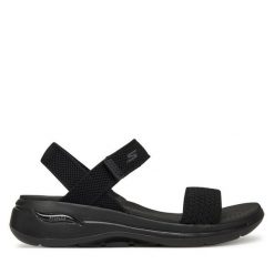 Sandały Skechers. Czarne sandały damskie Skechers, bez wzorów, bez obcasa, na płaskiej podeszwie, bez zapięcia. Za 379.99 zł.
