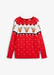 Sweter bożonarodzeniowy z motywem reniferów. Niebieskie swetry damskie bonprix, bez wzorów, bez kołnierzyka, bez ramiączek, bez kaptura. Za 129.99 zł.
