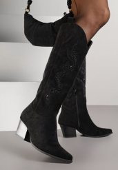 Czarne Kozaki Kowbojki na Stożku z Cholewką z Cyrkoniami Nalikka. Czarne kozaki damskie Born2be, z jeansu, bez obcasa, na obcasie. Za 169.99 zł.