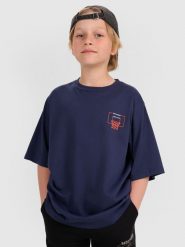 4F T-shirt oversize z nadrukiem chłopięcy - granatowy 158 (12-13 lat). Niebieskie t-shirty dla chłopców 4f, bez wzorów, z bawełny, bez ramiączek. Za 39.99 zł.