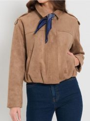 Kurtka z imitacji zamszu z kołnierzykiem - beżowy. Brązowe kurtki damskie Sinsay, l, bez wzorów, bez kaptura. Za 79.99 zł.