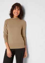 Sweter basic ze stójką, z bawełny z recyklingu. Szare swetry damskie bonprix, bez wzorów, z bawełny, bez kołnierzyka, bez ramiączek, bez kaptura. Za 64.99 zł.