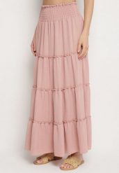 Różowa Spódnica o Rozkloszowanym Kroju z Falbankami i Gumką w Talii Dovinala. Czerwone spódnice damskie Born2be, l, bez wzorów, eleganckie, maxi, koszulowe. Za 54.99 zł.