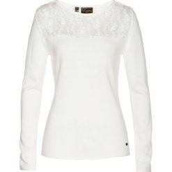 Sweter z koronką i kaszmirem bonprix biel wełny. Białe swetry damskie bonprix, bez wzorów, z kaszmiru, bez kołnierzyka, bez ramiączek, bez kaptura. Za 69.99 zł.
