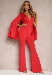Czerwony Dopasowany Kombinezon z Rozkloszowanymi Rękawami i Głębokim Dekoltem Andrika. Czerwone sukienki damskie Renee, na co dzień, m, bez wzorów, eleganckie, bez kołnierzyka, bez ramiączek, dopasowane. Za 119.99 zł.