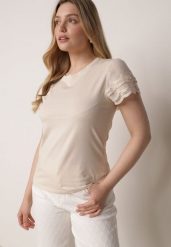 Beżowy Bawełniany T-shirt z Koronkowymi Rękawami Carilynore. Brązowe bluzki damskie Born2be, m, bez wzorów, z bawełny, eleganckie, bez kołnierzyka, bez ramiączek. Za 59.99 zł.