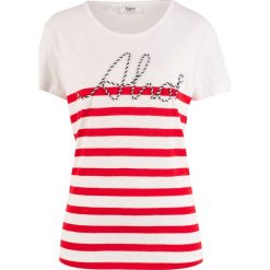 Shirt w paski z haftem bonprix czerwono-biały w paski. Bluzki damskie bonprix. Za 37.99 zł.