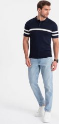 Ombre Koszulka męska polo z miękkiej dzianiny z kontrastowymi pasami - granatowa V2 OM-POSS-0118 S. Koszulki polo męskie Ombre, m, bez wzorów, z dzianiny, bez ramiączek. Za 69.99 zł.