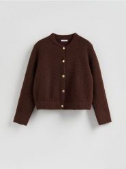 Kardigan z dekoracyjnymi guzikami - brązowy. Brązowe kardigany damskie Reserved, l, bez wzorów, z dzianiny. Za 159.99 zł.