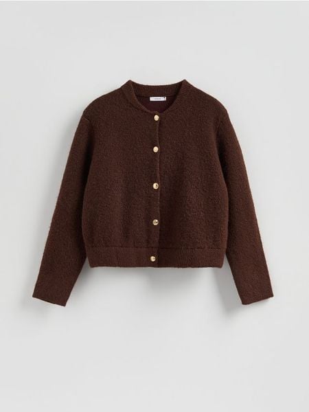 Kardigan z dekoracyjnymi guzikami - brązowy. Brązowe kardigany damskie Reserved, l, bez wzorów, z dzianiny. Za 159.99 zł.