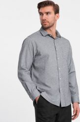 Ombre Koszula męska z kieszenią REGULAR FIT - szary melanż V3 OM-SHCS-0148 S. Szare koszule męskie Ombre, m, bez wzorów, bez kołnierzyka, bez ramiączek. Za 139.99 zł.