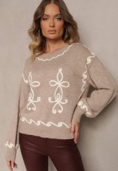 Beżowy Sweter z Wiskozą i Geometrycznym Wzorem Senallin. Brązowe swetry damskie Renee, uniwersalny, bez wzorów, z jeansu, casualowe, bez kołnierzyka, bez ramiączek, bez kaptura. Za 119.99 zł.
