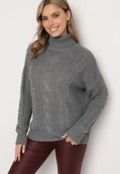 Ciemnoszary Golf z Wiskozą o Kroju Oversize z Tłoczonym Wzorem Rivlemi. Szare swetry damskie Born2be, m, bez wzorów, z materiału, biznesowe, bez kołnierzyka, bez ramiączek, długie, bez kaptura. Za 84.99 zł.
