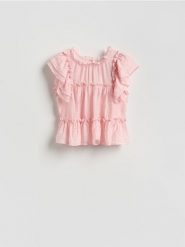 Bluzka z wiskozą - brzoskwiniowy. Pomarańczowe bluzki damskie Reserved, l, bez wzorów, z tkaniny, klasyczne, bez kołnierzyka, bez ramiączek. Za 119.99 zł.