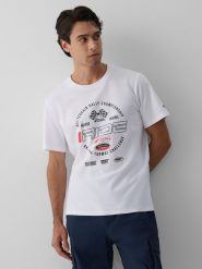 4F T-shirt regular z nadrukiem męski - biały XL. Białe koszulki sportowe męskie 4f, m, bez wzorów, z bawełny, bez kołnierzyka, bez ramiączek. Za 79.99 zł.