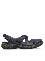 Rieker Sandały 46377-14 Niebieski. Niebieskie sandały damskie Rieker, bez wzorów, ze skóry, bez obcasa, na płaskiej podeszwie, bez zapięcia. Za 339.99 zł.