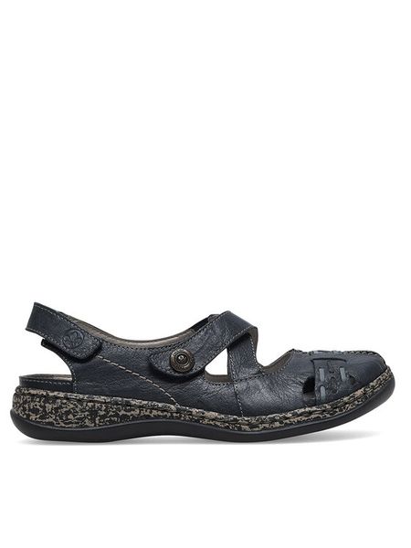 Rieker Sandały 46377-14 Niebieski. Niebieskie sandały damskie Rieker, bez wzorów, ze skóry, bez obcasa, na płaskiej podeszwie, bez zapięcia. Za 339.99 zł.