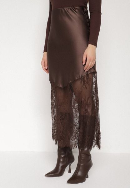 Brązowa Satynowa Spódnica Ozdobiona Koronką Milori. Brązowe spódnice damskie Born2be, na lato, l, z aplikacjami, z koronki, biznesowe, maxi. Za 89.99 zł.