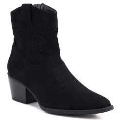 Botki damskie kowbojki nieocieplane czarne Sabatina 26114-2. Czarne botki damskie Sabatina, z nubiku, eleganckie, bez obcasa, bez zapięcia. Za 159.99 zł.