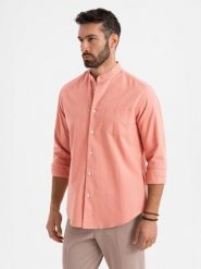 Męska koszula lniana ze stójką i kieszenią REGULAR FIT – różowa V1 OM-SHCS-0161 - XXL. Czerwone koszule męskie Ombre Clothing, na lato, l, bez wzorów, z bawełny, bez kołnierzyka, bez ramiączek. Za 131.99 zł.