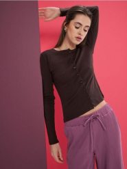 Bluzka z bawełną z długim rękawem - brązowy. Brązowe bluzki damskie Sinsay, l, bez wzorów, z bawełny, bez kołnierzyka, bez ramiączek. Za 29.99 zł.