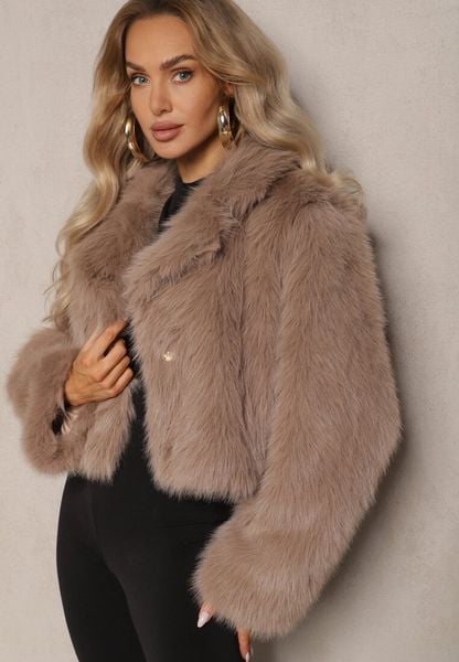 Beżowa Krótka Kurtka z Futerkiem Zdobiona Szerokim Kołnierzem Tormia. Brązowe kurtki damskie Renee, m, z aplikacjami, z jeansu, bez kaptura. Za 199.99 zł.